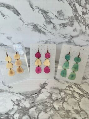 Tagua Bali Earrings Lot of 3 Cream Pink Turquoise Drop Dangle